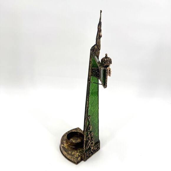 Vtg Wise Men Gold Metal Tin Green Textured Glass Candle Holder/Luminary 15”H - Picture 8 of 11